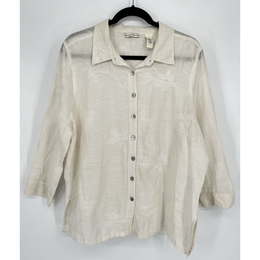 French Laundry Womens Linen Silk Shirt Sheer Floral Embroidered Ivory Sz 1X